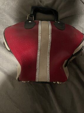 Vintage Red and Cream bowling bag with silver trim